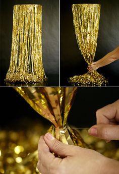 gold tinsele is being used to make a vase for the centerpieces