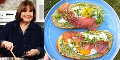 a woman standing next to a blue plate with food on it and an open face sandwich