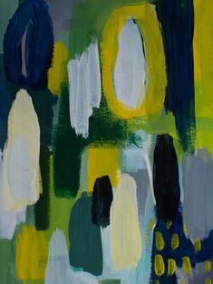 an abstract painting with green, yellow and blue colors