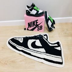 Elevate your sneakerhead game with these Nike "Panda" Dunk Low area rugs! Perfect for any room in the house, these hand-tufted rugs feature a modern style and multicolor design. Allergy and pet-friendly, these rugs are easy to clean and have a non-slip bottom. Available in a size of 90 cm x 50 cm or customizable by customer's request. #Nike #PandaDunk #Sneakerhead #Rugs #AreaRugs Panda Rug, Nike Dunk Panda, Panda Sneakers, Dunk Low Panda, Nike Panda, Sneaker Silhouette, Rugs Bedroom, Tufted Rugs, Living Room Rugs