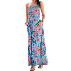 A glamorous maxi dress that is perfect for warm weather. * Bandeau-style featuring an elastic insert at the neckline * Double-layered finish at the top on the front * Ruched at the side and features pockets at the hips * Made from a soft, flowy material * Belt not included * Print may vary * Length approx. 48.5 inches * Skirt length approx. 37.5 inches * 95% Viscose, 5% Elastane. Imported. * Machine wash cold with like colors, inside out * Hang to dry or lay flat Light Blue Sleeveless Floral Dress For Summer, Light Blue Floral Dress For Summer, Blue Maxi Beach Dress For Spring, Light Blue Summer Floral Dress For Vacation, Light Blue Maxi Dress For Spring Vacation, Spring Vacation Light Blue Maxi Dress, Blue Tropical Maxi Beach Dress, Turquoise Maxi Dress For Vacation And Spring, Blue Strapless Beach Dress