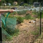 a man is spraying water from a hose