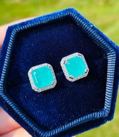 PARAIBA Blue Square Halo Earring Stud Paraiba TOURMALINE Magnificent, Exotic Neon Vivid Blue Color, Neon Glow Blue Paraiba Jewelry 18KGP ♥Ready to ship ♥ The main stone is the Finest Doublet PARAIBA TOURMALINE. ♥Absolutely gorgeous and beautifully handcrafted Finest Doublet PARAIBA TOURMALINE in an exquisite setting. ♥ This classic yet trendy Jewelry makes the perfect Christmas/Anniversary/Valentine's/Birthday gift for her that will be treasured forever. We have confidence that the beautiful and Luxury Aquamarine Blue Earrings, Luxury Blue Aquamarine Earrings, Blue Aquamarine Fine Jewelry Earrings, Blue Aquamarine Earrings Fine Jewelry, Fine Jewelry Blue Aquamarine Earrings, Blue Rectangular Gemstone Earrings, Gia Certified Blue Rectangular Jewelry, Blue Gia Certified Jewelry For Gift, Gia Certified Blue Jewelry For Gift