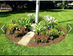 a flower bed in the middle of a yard next to a tree and grass area