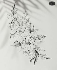 a black and white drawing of some flowers