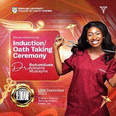 a woman holding scissors in front of a red and gold advertisement for an event with the words induction / oath taking ceremony