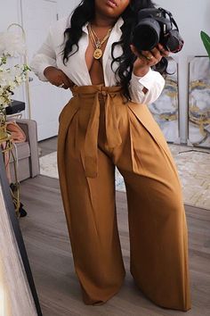 Sophia White Fashion Casual Solid Basic Regular High Waist Wide Leg Plus Size Trousers Wide Leg Plus Size, Plus Size Trousers, White Fashion Casual, Look Plus Size, Basic Fit, Khaki Fashion, Wide Leg Pant, African Wear, Wholesale Shoes