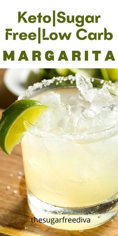 the keto sugar free low carb margarita is garnished with lime