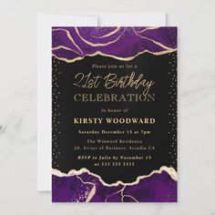 an elegant purple and gold birthday party card