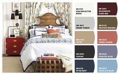 a bedroom with various shades of blue and brown