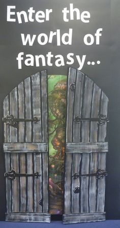 an advertisement for a fantasy book called enter the world of fantasy with two doors open