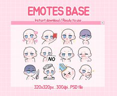 the emotes base sheet is shown in pink and white with different facial expressions