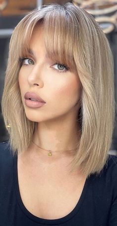 Blonde Bob With Side Fringe, Blonde Long Bob With Curtain Bangs, Collarbone Length Hair With Fringe, Lob With Face Framing Bangs, Short Blonde Hair With Bangs Bob, Dark Blonde Lob With Bangs, Short Blonde Fringe, Blonde Lob With Fringe, Half Fringe Hairstyles