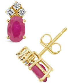 Accentuate your look with these dazzling oval-cut ruby earrings accented by 3 stunning diamonds. Crafted in 14k yellow gold. Pandora Shop, Christmas Tree Accessories, Ruby Earrings, Name Gifts, Disney Gifts, Handbags On Sale, Diamond Jewelry, Gift Set, Silver Jewelry