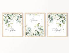 three framed wall art prints with green leaves and the words peace, hope, love