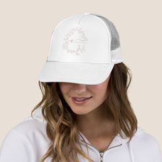 Monogram Stylish Modern Blush Dusty Pink Name Trucker Hat Spring Gift Trucker Hat With Curved Brim, White Baseball Cap As Spring Gift, White Baseball Cap As A Spring Gift, Spring Flat Brim Trucker Hat, Pink Name, Beach Running, Pink Names, Ashley Johnson, Customized Photo Gifts