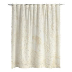 a white shower curtain with gold flowers on it's side and an attached rod