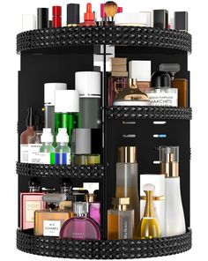 a black shelf filled with lots of different types of cosmetics