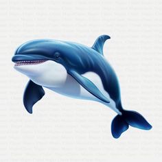 a blue and white dolphin with it's mouth open