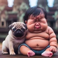 a baby sitting next to a pug on the ground with it's eyes closed