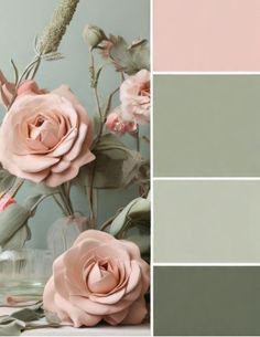 Green Pink Paint Palette, Sage Color Room Ideas, Green And Blush Pink Living Room, Calming Green Bedroom Colors, Colours That Compliment Sage Green, Dusty Pink And Green Nursery, Sage Green And Blush Pink Color Palette, Subtle Pink Interior Design, Subtle Bedroom Colors