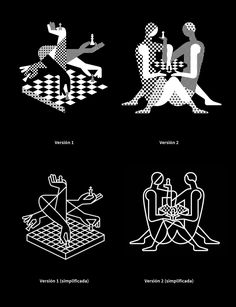 four black and white images with different symbols