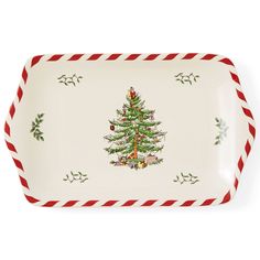 a white platter with a christmas tree on the front and red stripes around it