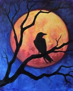 a painting of a bird perched on a tree branch with the moon in the background