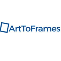 the logo for art to frames, which is blue and has an open book on it