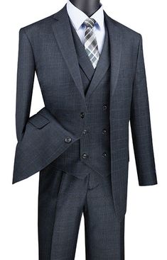 Regular Fit 3 Piece includes Blazer, Vest, and Pants Single-Breasted 2 Button Side Vents Double-Breasted Beveled... Charcoal Suit, Double Breasted Vest, Vest And Pants, Button Vest, Flat Pant, Plaid Suit, Flat Front Pants, Slim Fit Suits, Glen Plaid