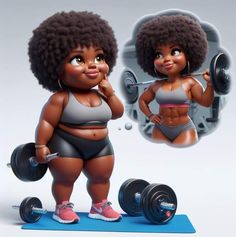 an animated image of a woman holding a barbell and looking at herself in the mirror