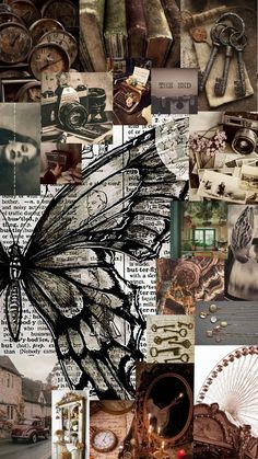 a collage of photos with many different things in the background, including an image of a butterfly