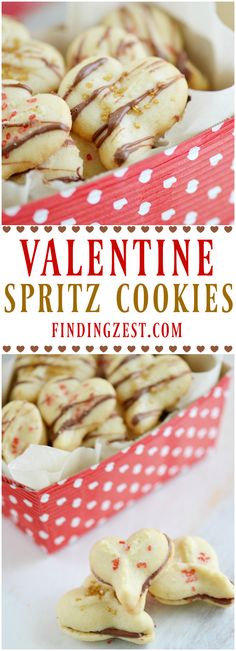 valentine spritz cookies with white chocolate drizzled on them