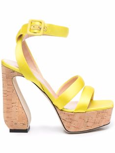 bright yellow leather satin finish strap detailing open toe buckle-fastening ankle strap branded heel counter high sculpted heel cork sole Red Satin Heels, Sergio Rossi Shoes, Latest Sandal, Satin Sandals, Versace Outfit, Square Toe Heels, Satin Heels, Yellow Leather, Sergio Rossi