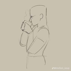 a drawing of a man holding a coffee cup in his right hand and looking off to the side