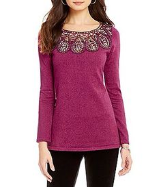 Reba "Winter Jewels" Metallic Jewel Sweater Fall Long Sleeve Top With Embroidered Neckline, Fall Tops With Embroidered Neckline And Long Sleeves, Long Sleeve Top With Embroidered Neckline For Fall, Long Sleeve Tops With Embroidered Neckline For Fall, Festive Long Sleeve Stretch Tops, Stretch Long Sleeve Tops For Festive Occasions, Jeweled Sweater, Fuzzy Sweater, Clothing Apparel