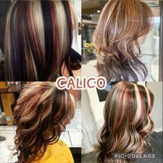 #hair #haircolor #haircolorideas #calicohair #calico Calico Hair Chunky, Natural Hair Color Palette, Hair Colour On Curly Hair, Curly Neopolitan Hair, Red Hair Blonde Highlights Curly, Calico Hair Sectioning, Hair Diy Ideas Coloring, Hair Color Ideas On Brown Skin, Dark Calico Hair Color