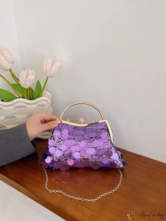 Bird in Bag - Sparkling Decorated Fashionable Evening Bag with Metallic Chain Trendy Purple Evening Bag, Chic Purple Shoulder Bag For Party, Party Satchel Bag With Chain, Chain Satchel Party Bag, Party Chain Satchel Bag, Trendy Purple Clutch Evening Bag, Trendy Party Bags With Chain Detail, Trendy Purple Party Bags, Pink Party Bag With Chain Detail