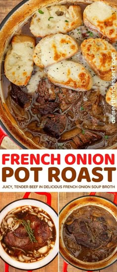 french onion pot roast with potatoes and gravy