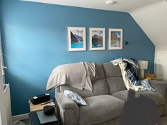 a living room with blue walls and pictures hanging on the wall above the couches