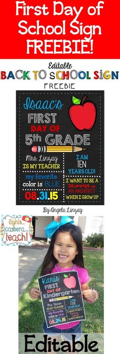 EDITABLE FREEBIE!!! Great First Day of School sign and a great way to record… School Photobooth, Kindergarten Sign, Last Day Of School Sign, Back To School Sign, First Day Of School Sign, School Printables, Starting School, Kindergarten First Day, School Memories