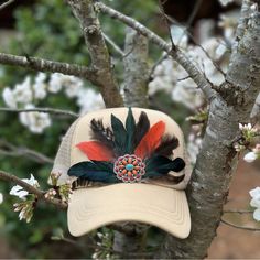 Handmade By Me! Feather Trucker Hat. Adjustable Beige Hat With Feathers, Beach Hats With Feathers For Spring, Bohemian Trucker Hat For Summer Festivals, Bohemian Summer Trucker Hat For Festival, Bohemian Summer Festival Trucker Hat, Spring Beige Hat With Feathers, Spring Beige Feather Hat, Handmade Bohemian Trucker Hat, Summer Festival Hats With Feathers