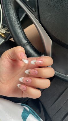 Pearl Tipped Nails, Pearl White And Gold Nails, Acrylic Nail Designs With Pearls, Off White French Nails, White French Tip With Gold Stars, White And Gold French Tip Nails Almond, White Glitter French Tip Nails Almond, White French Tip Design Nails, Christmas Pearl Nails