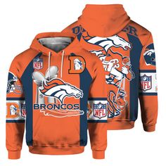 an orange and blue denver football hoodie