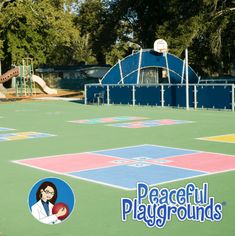 an image of a playground with play ground and basketball court in the background that says peaceful playgrounds