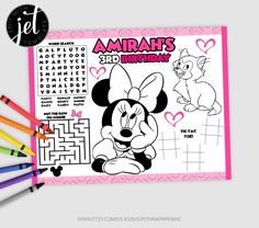 a minnie mouse birthday activity sheet with markers and crayons