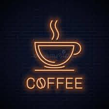 a neon sign that says coffee with a cup in it on a dark background,