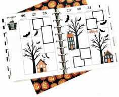 a halloween planner with pumpkins on it and a house in the background is shown