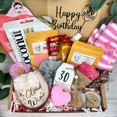 a birthday gift box filled with personal care items and gifts for someone's 30th birthday