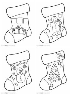 four christmas stockings with snowmen and presents on them, all in black and white